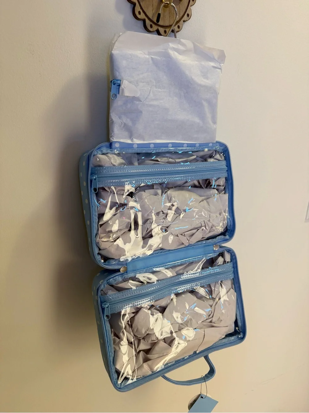 NWT Tender Love + Carry Toiletry Weekender Bag in Sky Blue with White Polka Dots